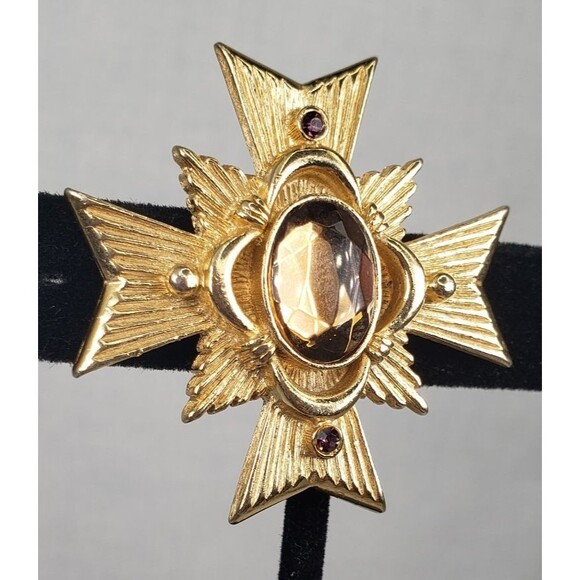 1983 Avon Maltese Cross Allegro Collection Amber Color Gold Tone Brooch Pendant - Picture 5 of 13